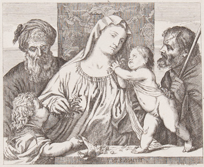Titian etching from 1682 THE HOLY FAMILY
(AKA The Madonna of the Cherries) 